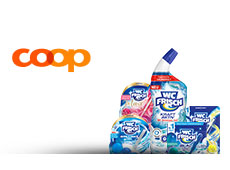 Verschiedene WC Frisch Produkte stehen neben dem coop@home Logo