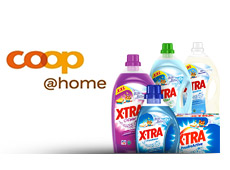Divers produits X-TRA à côté d'un logo de coop@home